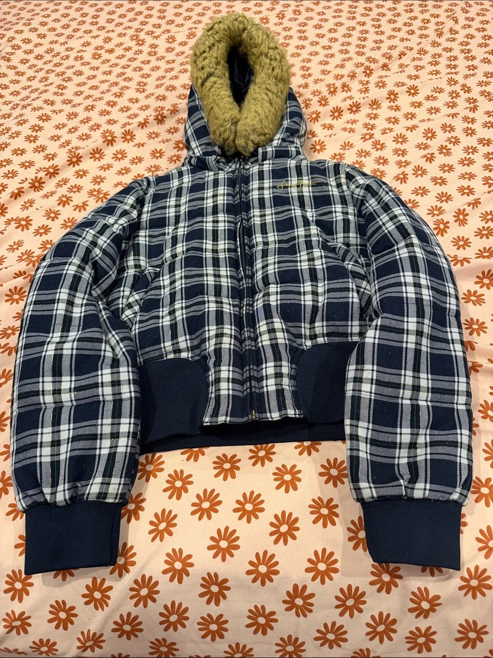 Kids Plaid Hooded Puffer Jacket with Faux Fur Trim